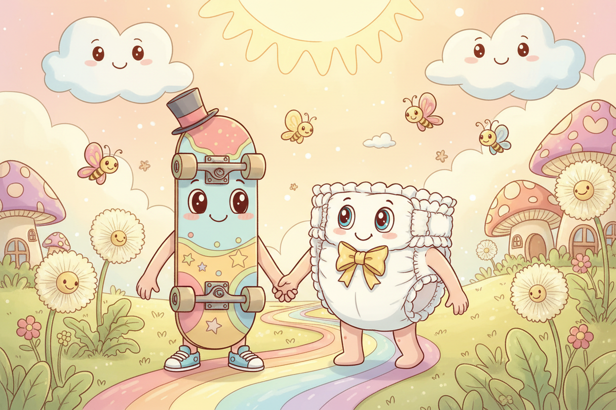 A picture of a Skateboard and a Diaper holding hands